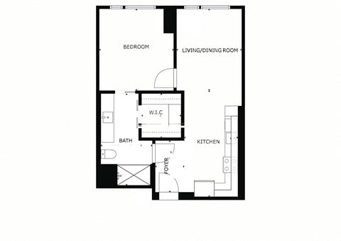 Floor plan for 1 bed, 1 bath, 565 sqft